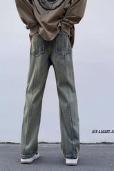 Men Jeans Washed Second-Hand Black Color Stitching Jeans Slim Straight Bootcut Trousers